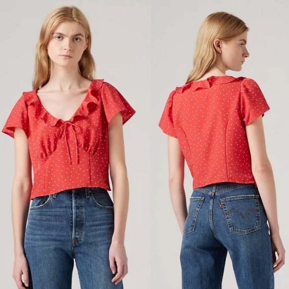 Levi's Tops - NWT Levi's Mylene Red Ruffled Cap Sleeve Crop Blouse Size XL